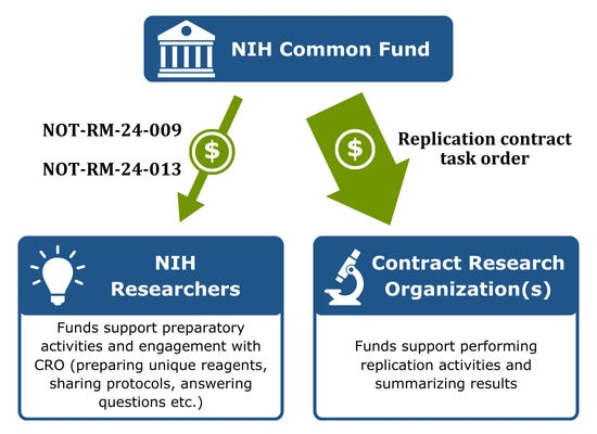 Diagram showing how the NIH Common Fund is giving modest supplements to NIH researchers through two NOSIs to support preparatory activities. Also displays how large financial support given to Contract Research Organizations to perform replication activities.