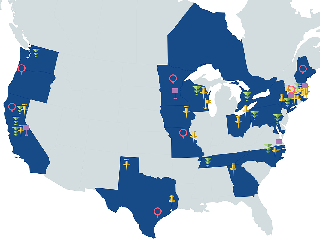 Map showing icons in locations indicated in the list