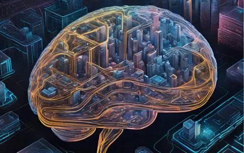 An illustration of a brain with a city in the background.