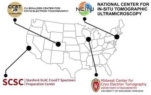 Map of the United States of America with the four National Centers for Cryoelectron Tomography labeled.